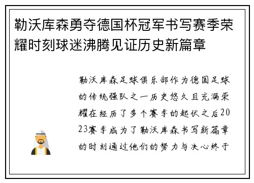 勒沃库森勇夺德国杯冠军书写赛季荣耀时刻球迷沸腾见证历史新篇章